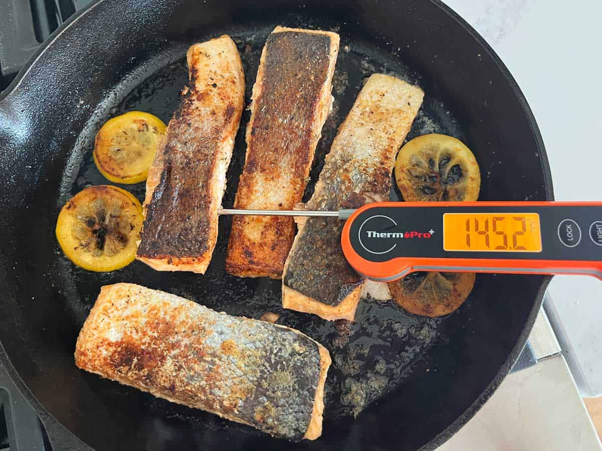 The salmon has reached 145°F.