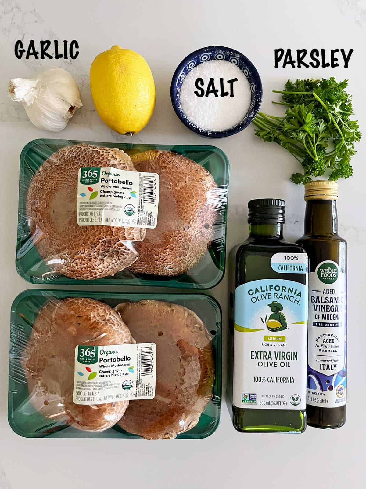 The ingredients needed to grill portobello mushrooms.