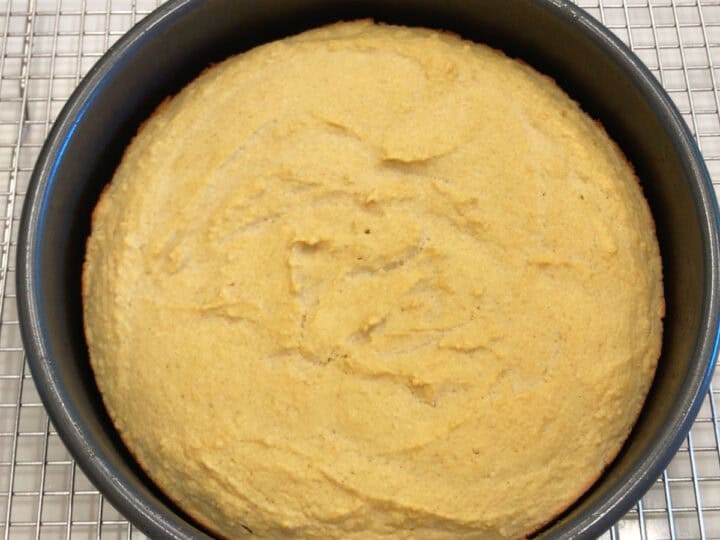 The cake is ready in the pan.