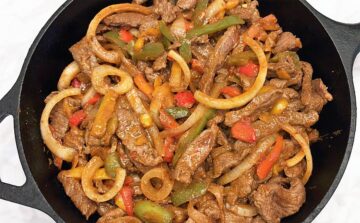 Steak fajitas with frozen peppers.