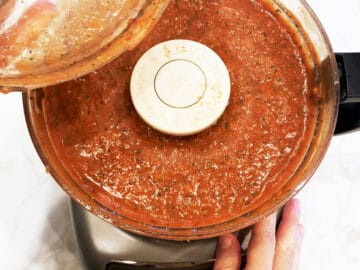 The soup is ready in the food processor.