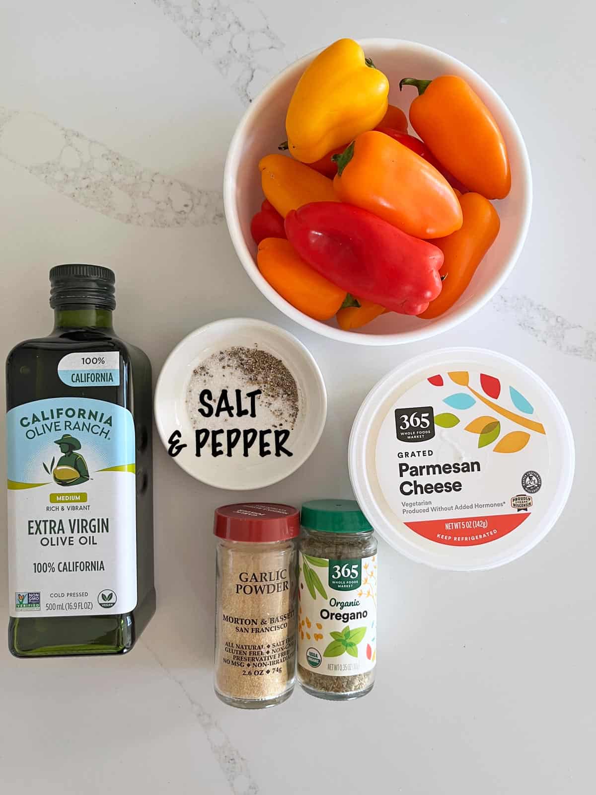 The ingredients needed to roast mini peppers.