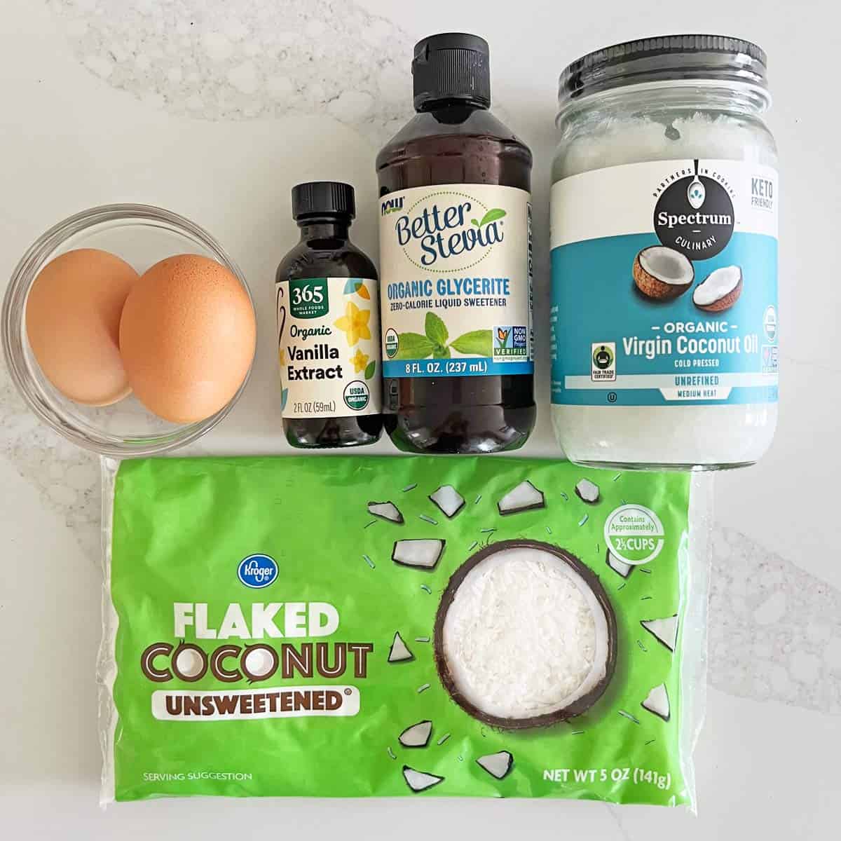 The ingredients needed to make keto coconut macaroons.