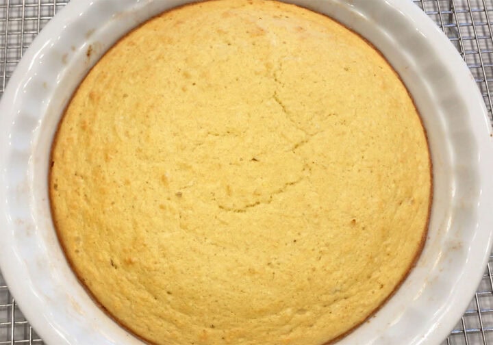 The cake is ready in the pan. It's fully baked.
