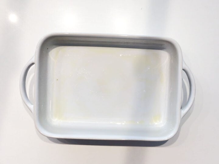 A greased rectangle baking dish.