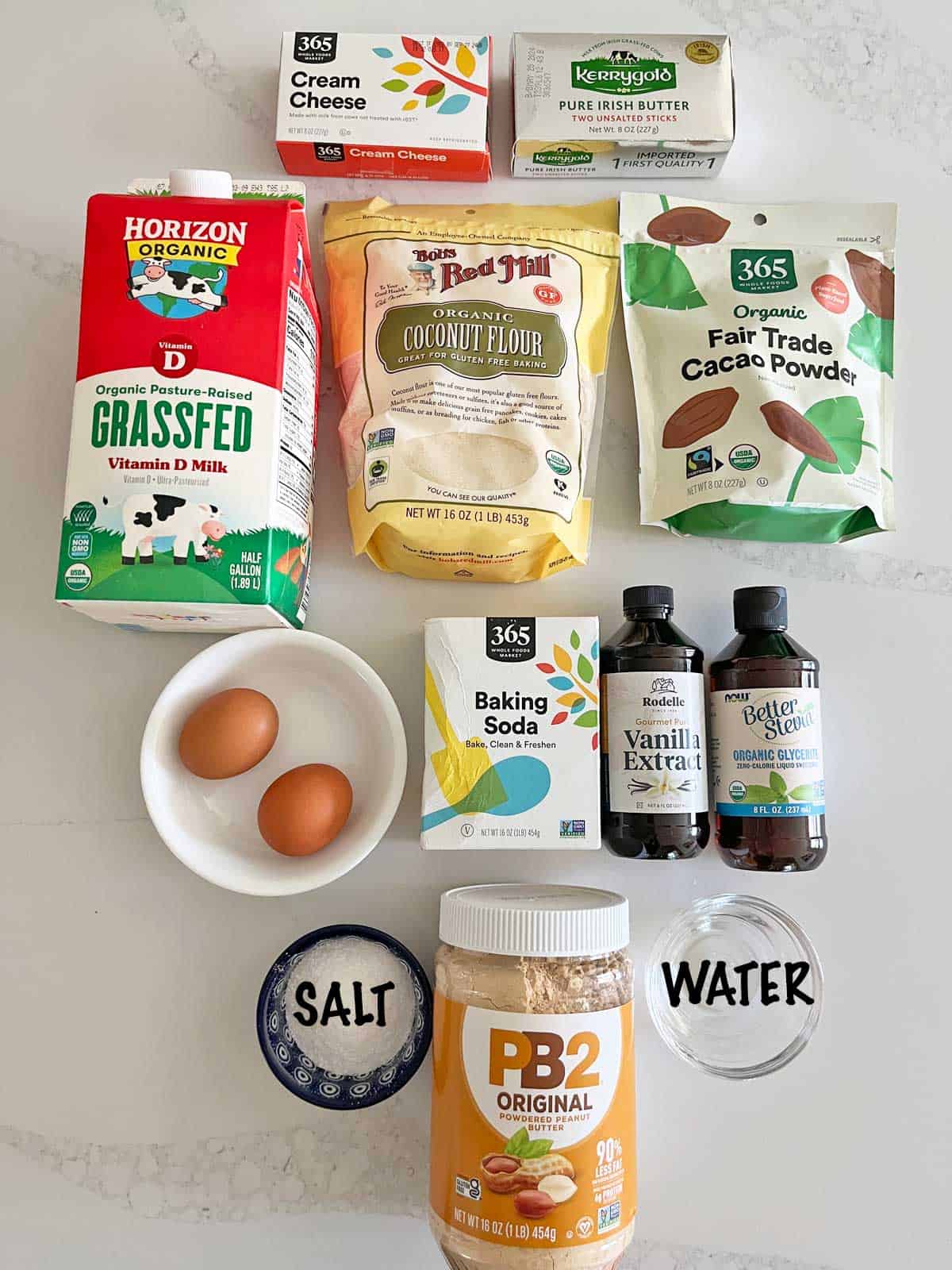 The ingredients needed to make keto chocolate cupcakes.