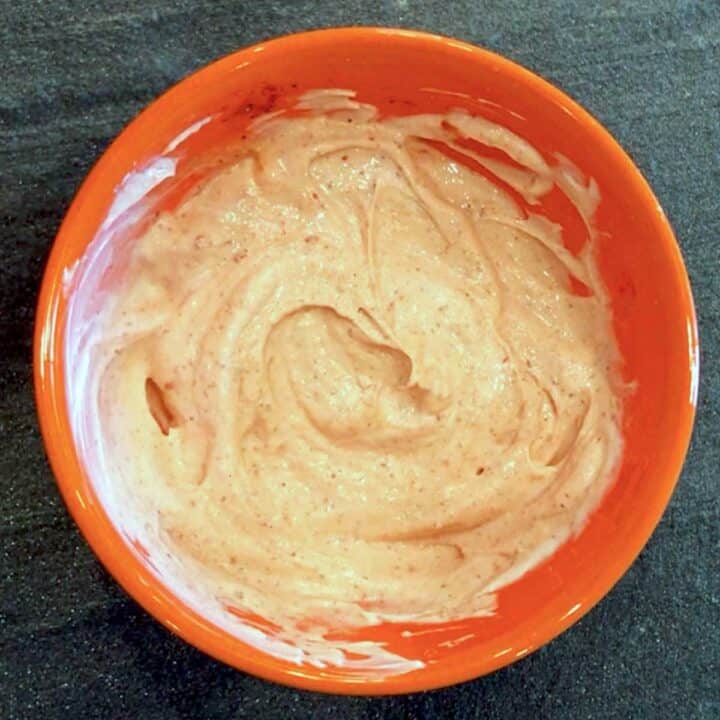 The dip for the salami chips was mixed in a bowl.