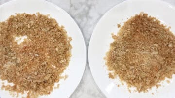 Two plates with crushed pork rinds.