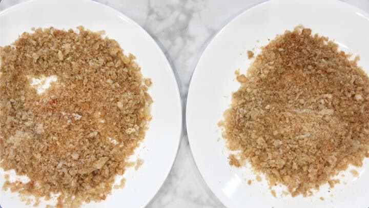 Two plates with crushed pork rinds.