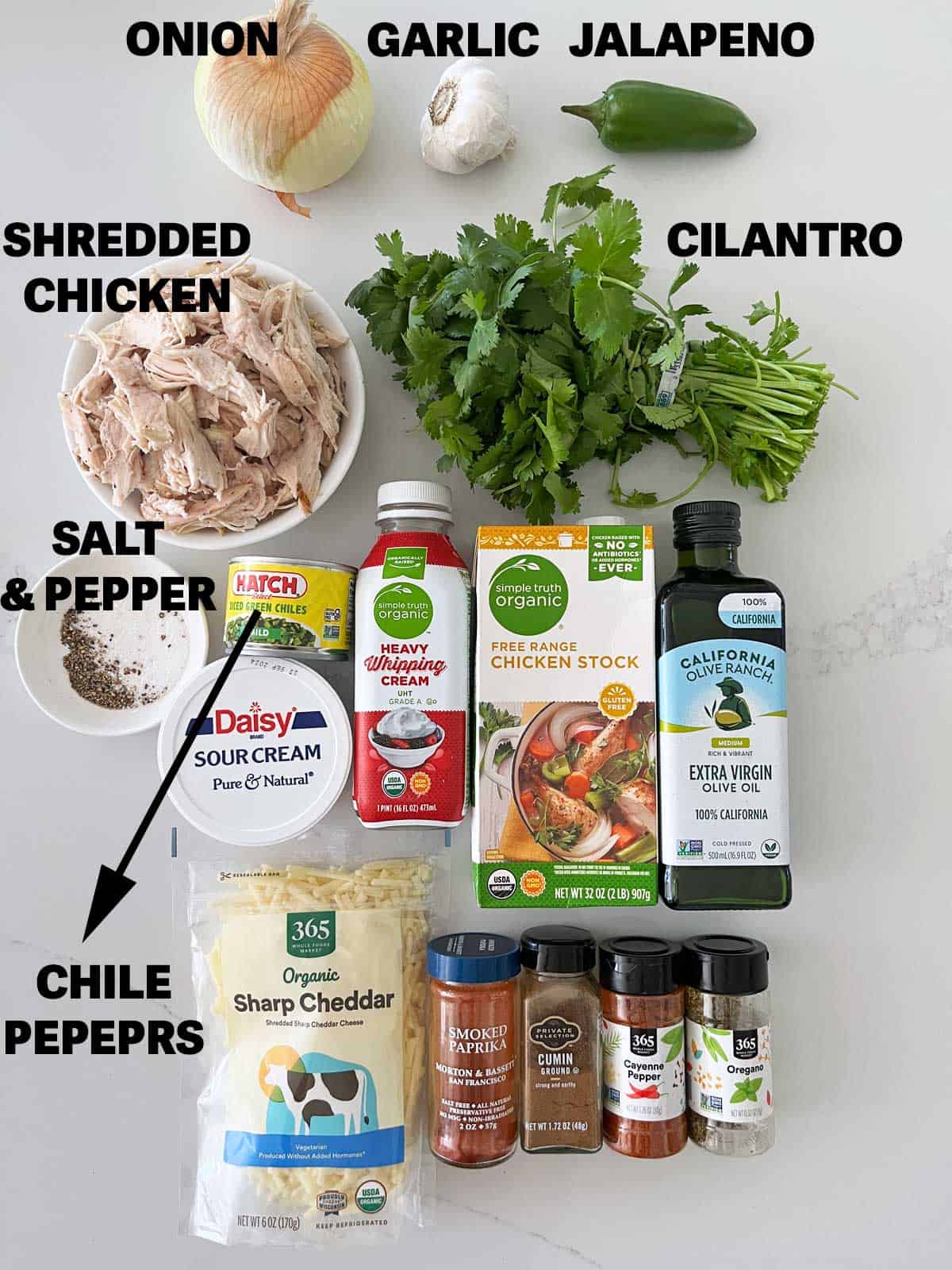 The ingredients needed to make chicken chili.