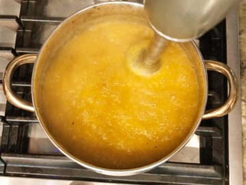 Blending the soup in the saucepan.