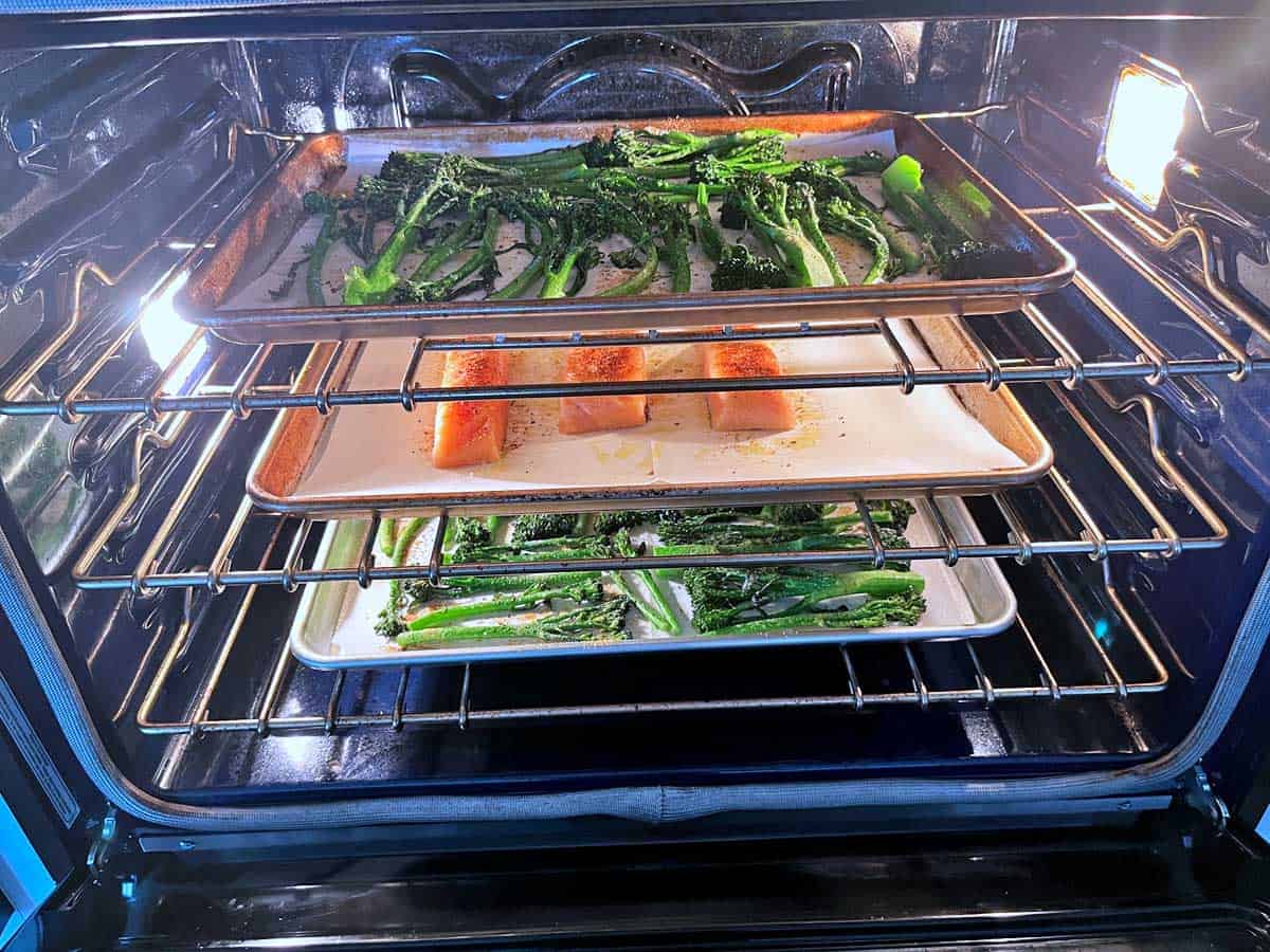 Broccolini and salmon in the oven.