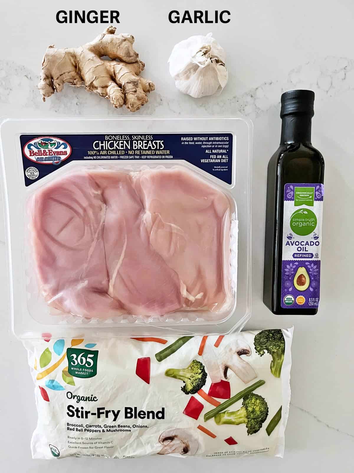 The ingredients needed for a chicken stir fry.