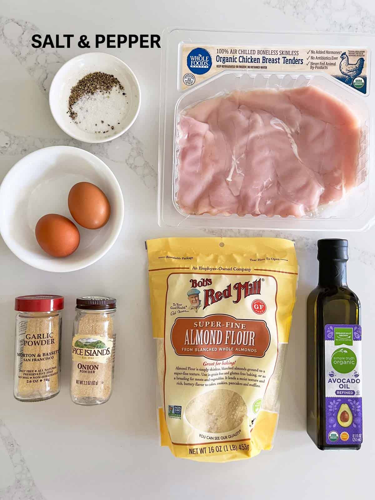 The ingredients needed to make gluten-free chicken tenders.