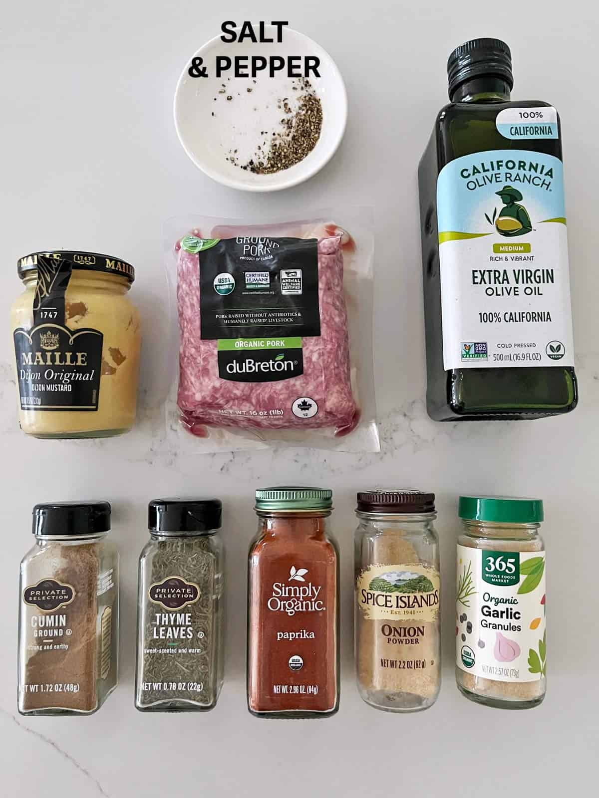 The ingredients needed for pork burgers.