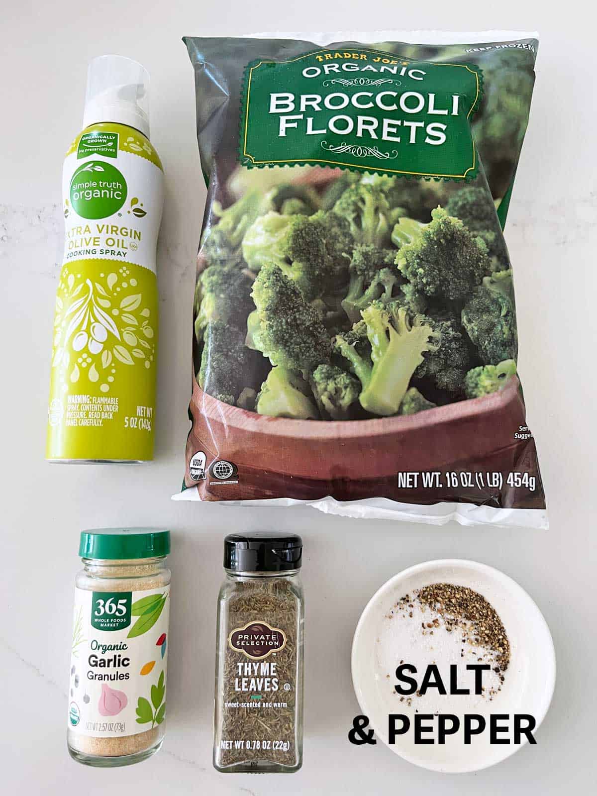 The ingredients needed to make roasted frozen broccoli.