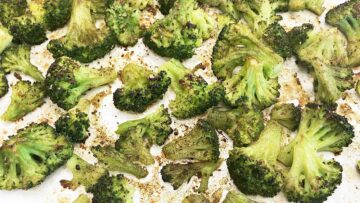 Roasted frozen broccoli is ready in the pan.
