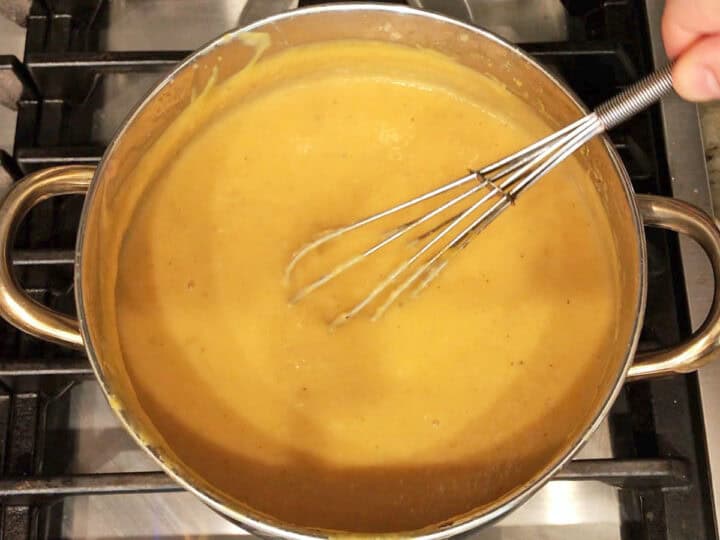 The soup is ready in the saucepan.