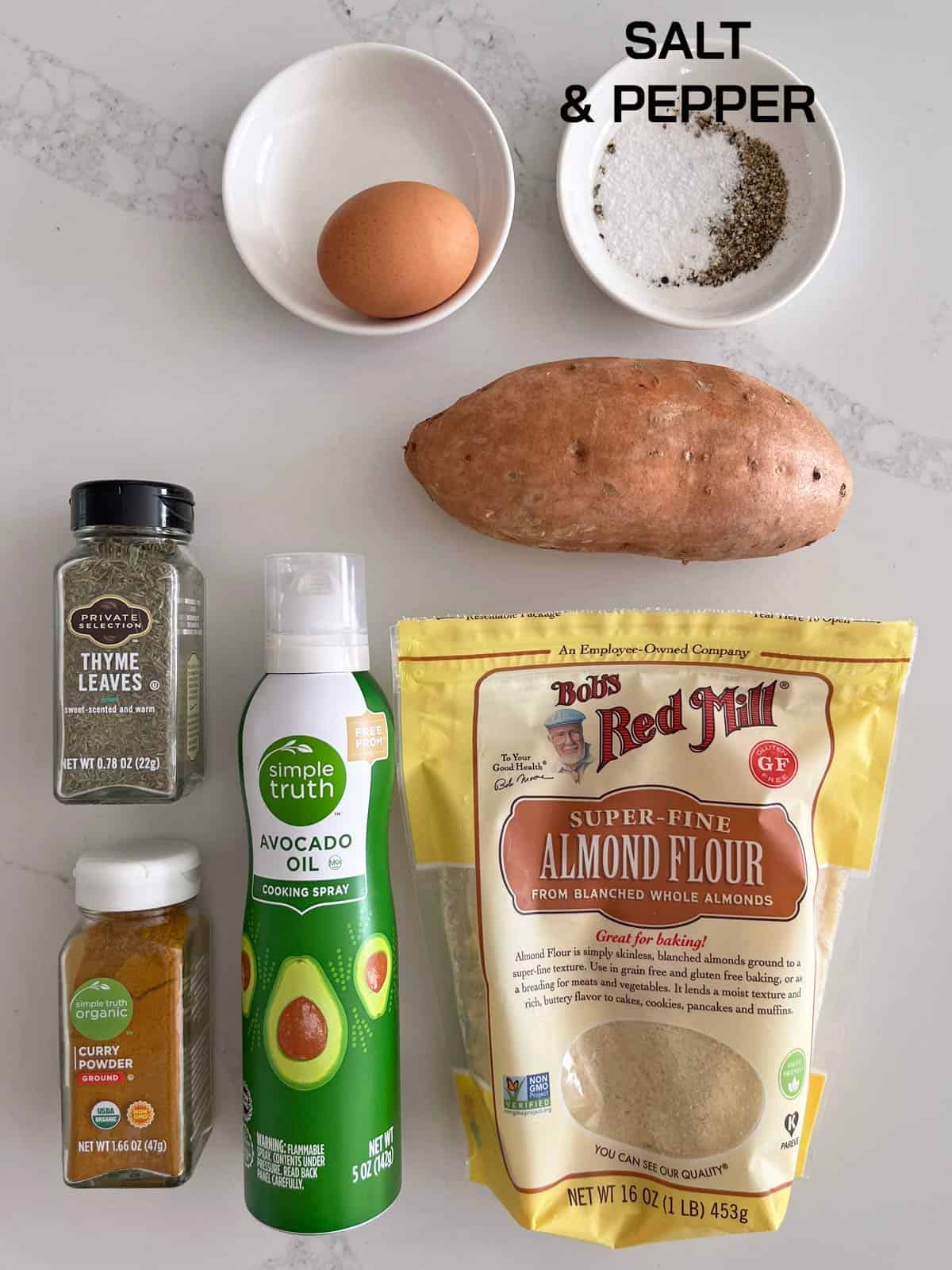 The ingredients needed to make sweet potato cakes.
