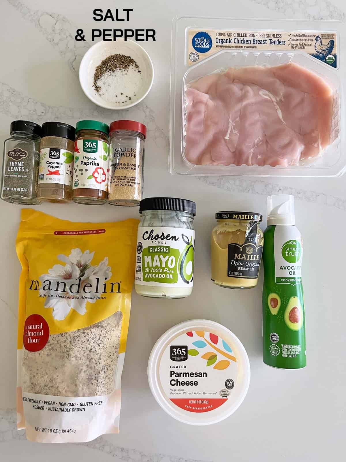The ingredients needed to make almond flour chicken tenders.