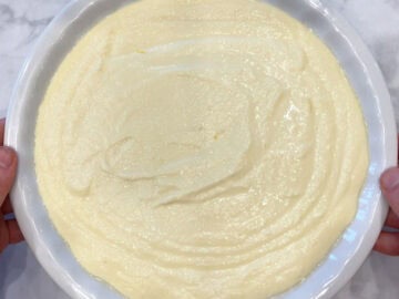 The cake batter was transferred to the pie plate.