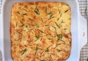 The focaccia is ready in the pan.