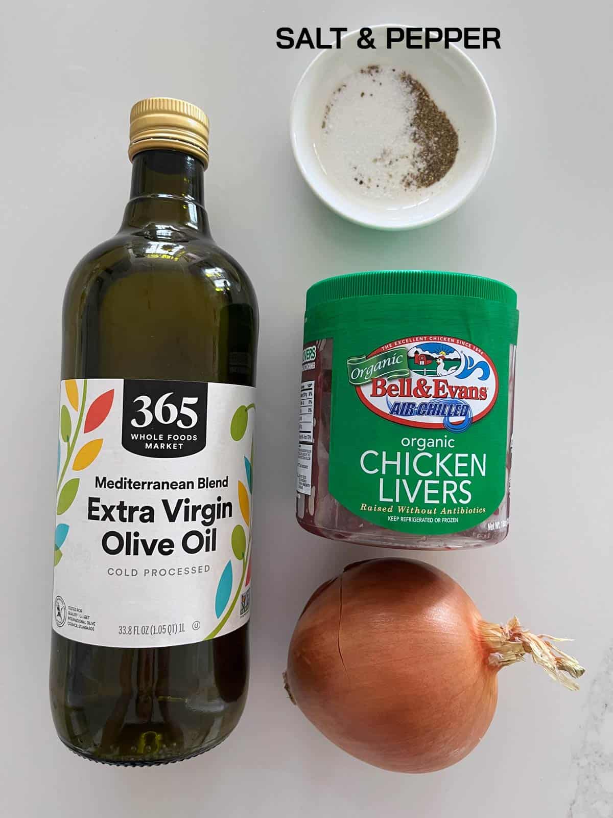 The ingredients needed to saute chicken livers.