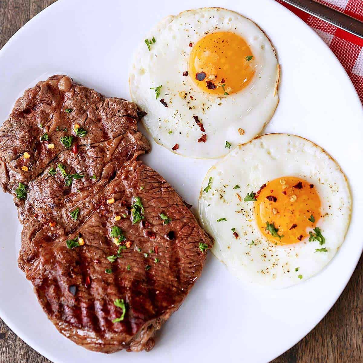 Chuck steak and eggs on a plate.