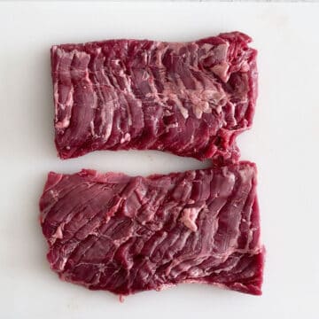 The steak was cut in half.