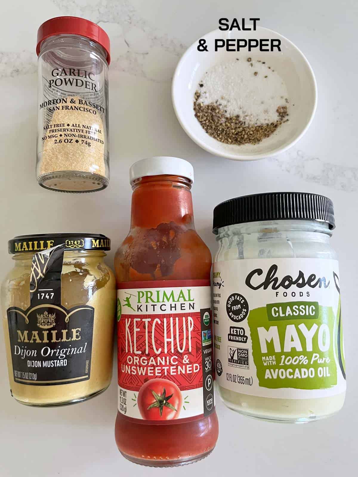 The ingredients needed to make a dipping sauce for chicken tenders.