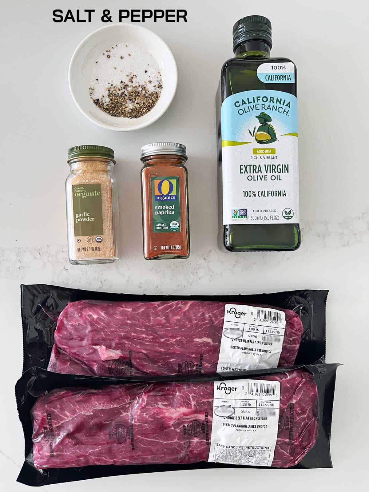 The ingredients needed to cook a flat iron steak.