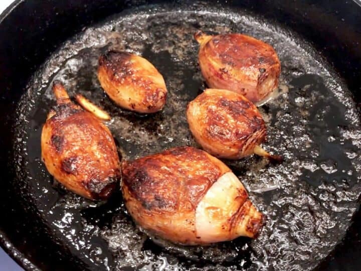 The shallots are ready in the skillet.