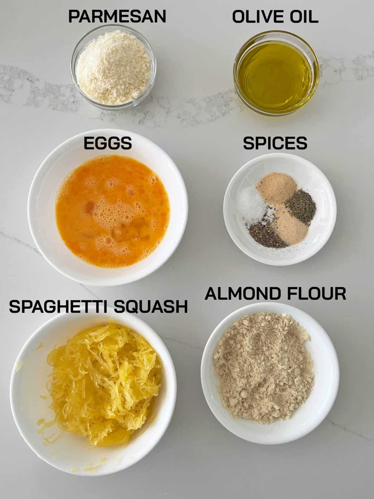 The ingredients needed to make spaghetti squash fritters.