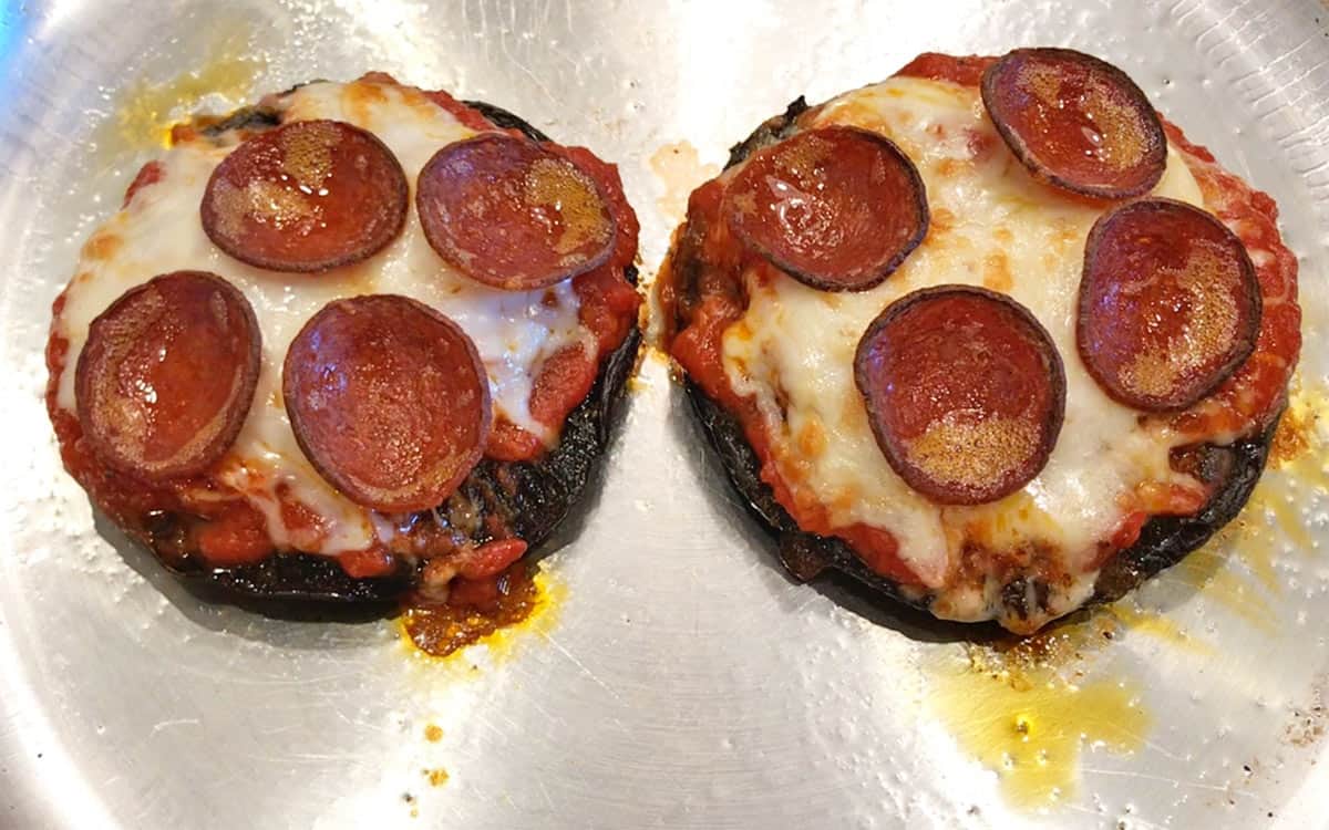 The pizza is ready in the skillet.