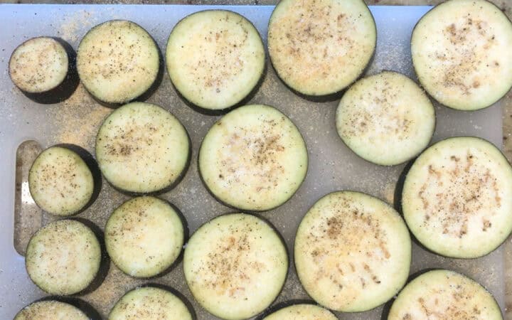 The eggplant rounds were seasoned with spices.