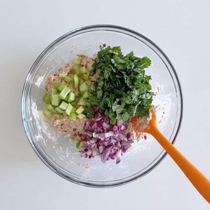 Celery, red onion, and cilantro were added to the salad.