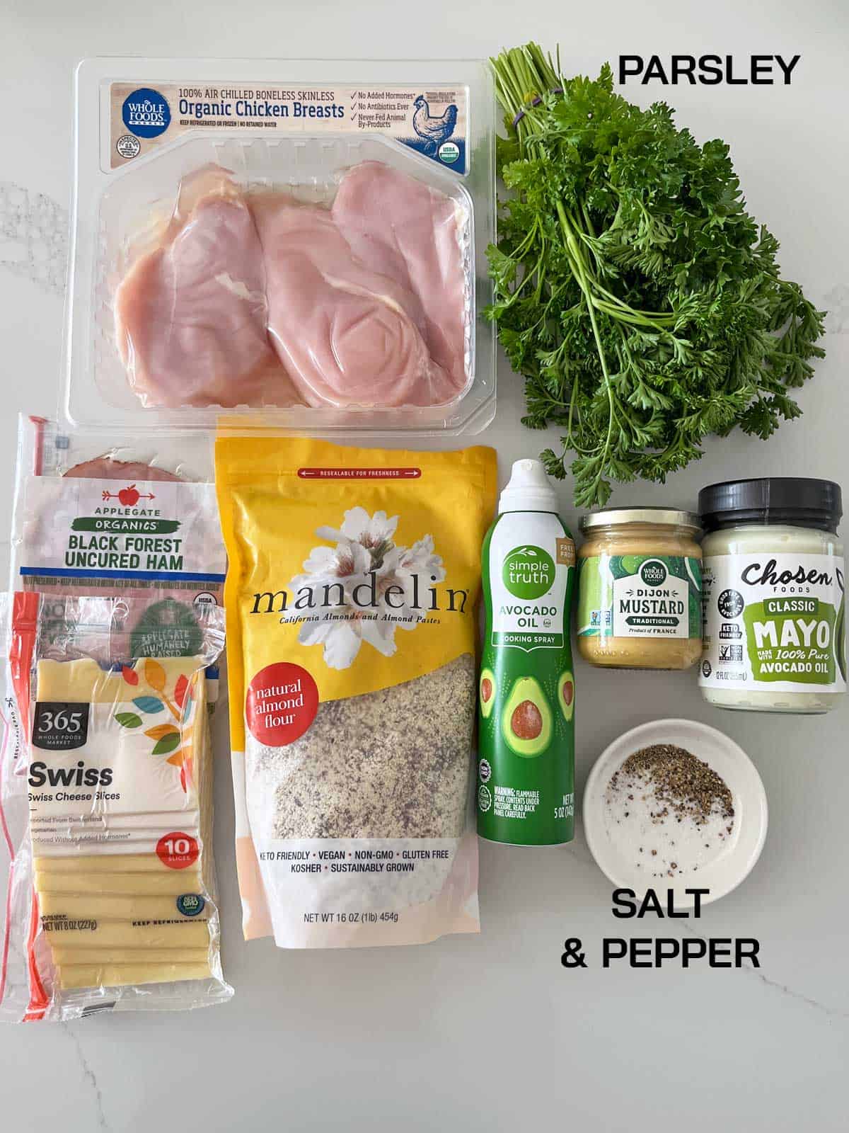 The ingredients needed for keto chicken cordon bleu.