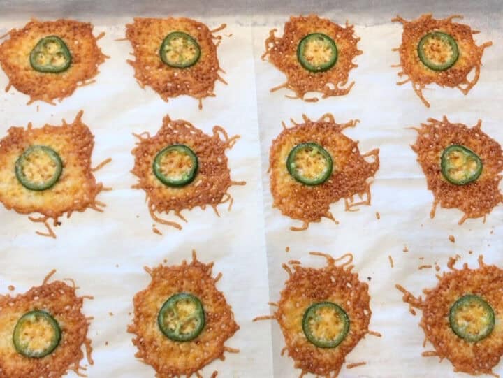 The cheese crisps are ready in the pan.