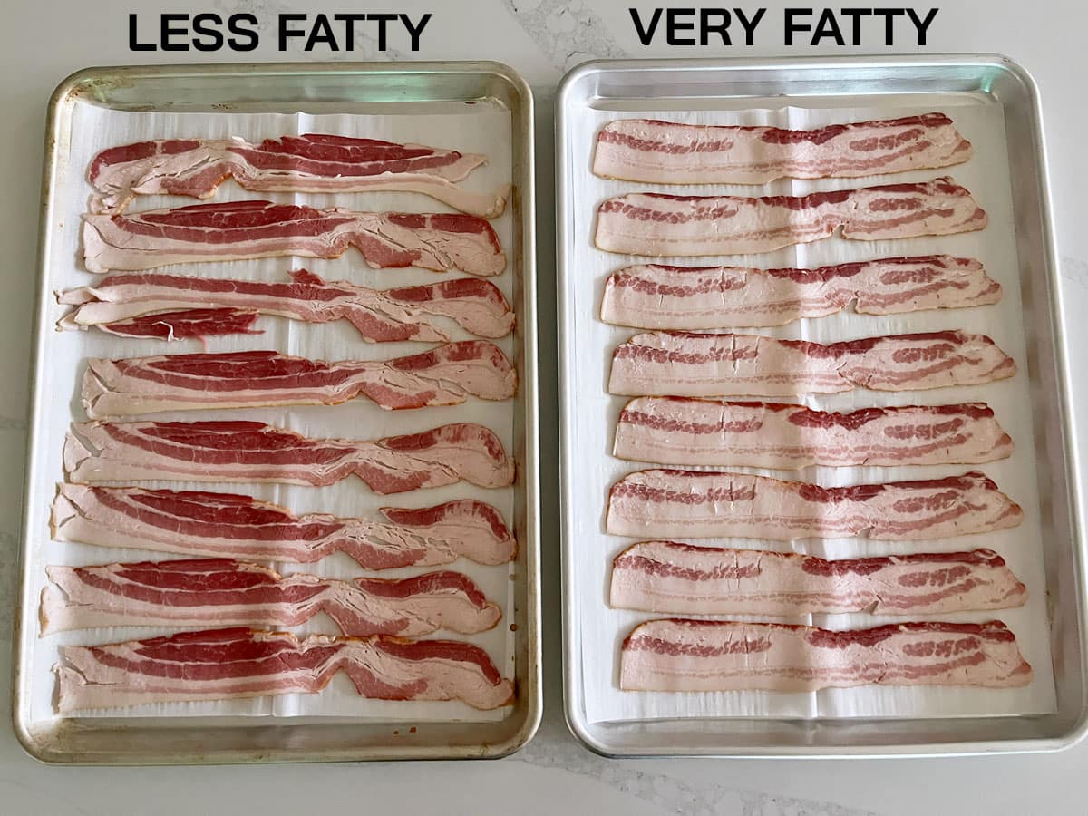 Two pans, one with very fatty bacon and one with leaner bacon.