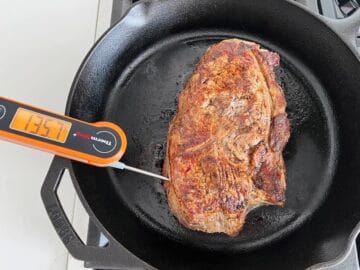The steak has reached 135 degrees.