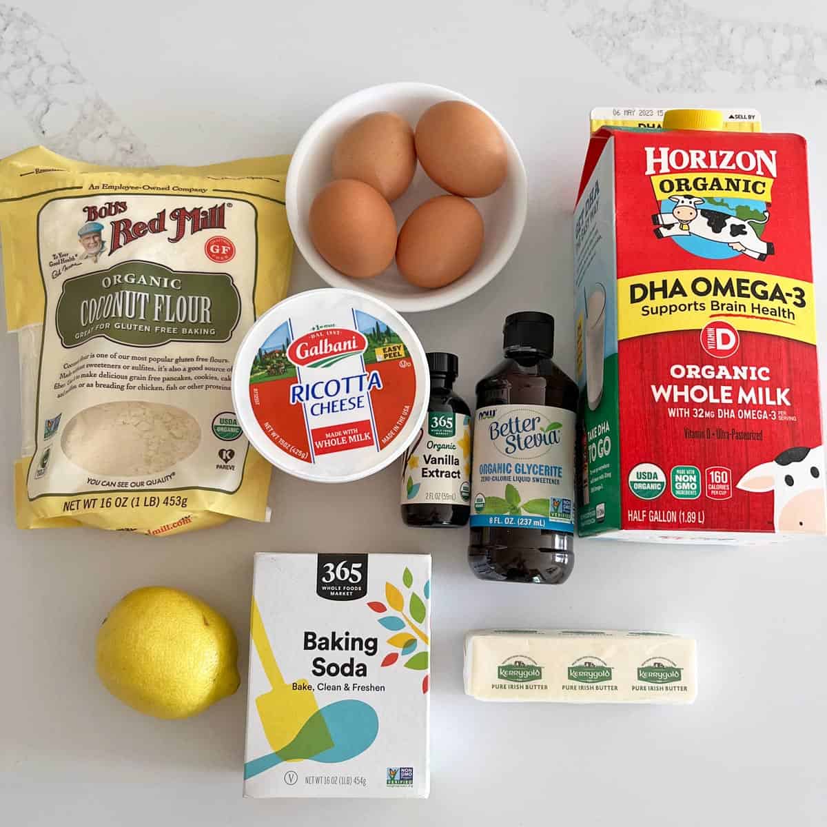 The ingredients needed to make keto ricotta pancakes.