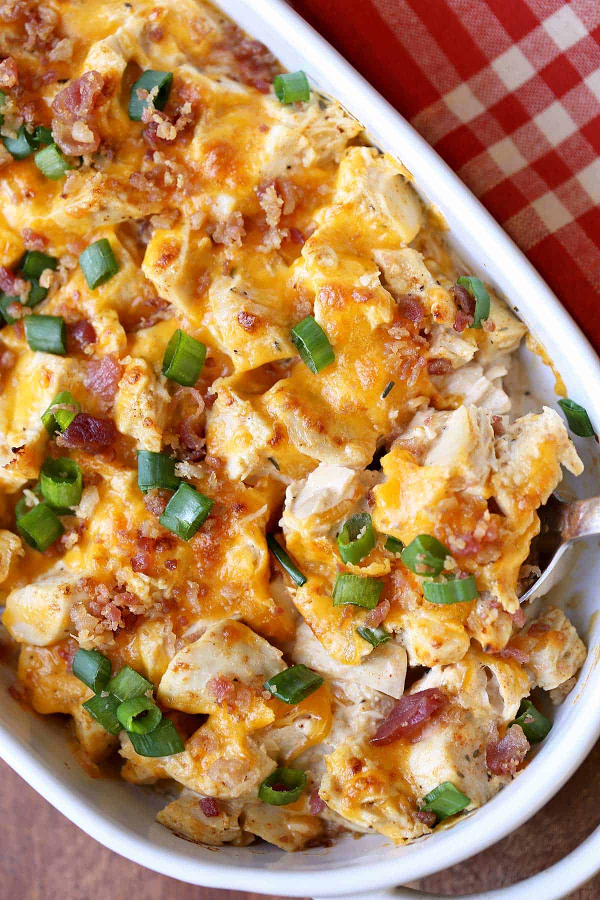 Keto chicken casserole is served in a white baking dish.
