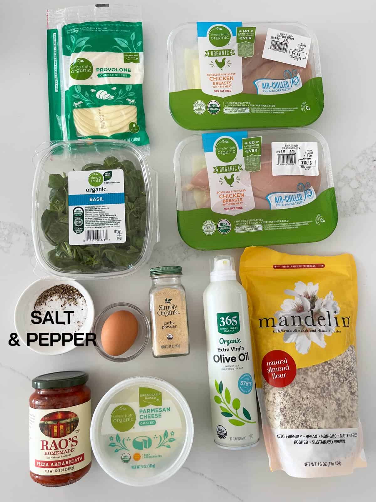 The ingredients needed to make keto chicken parmesan.