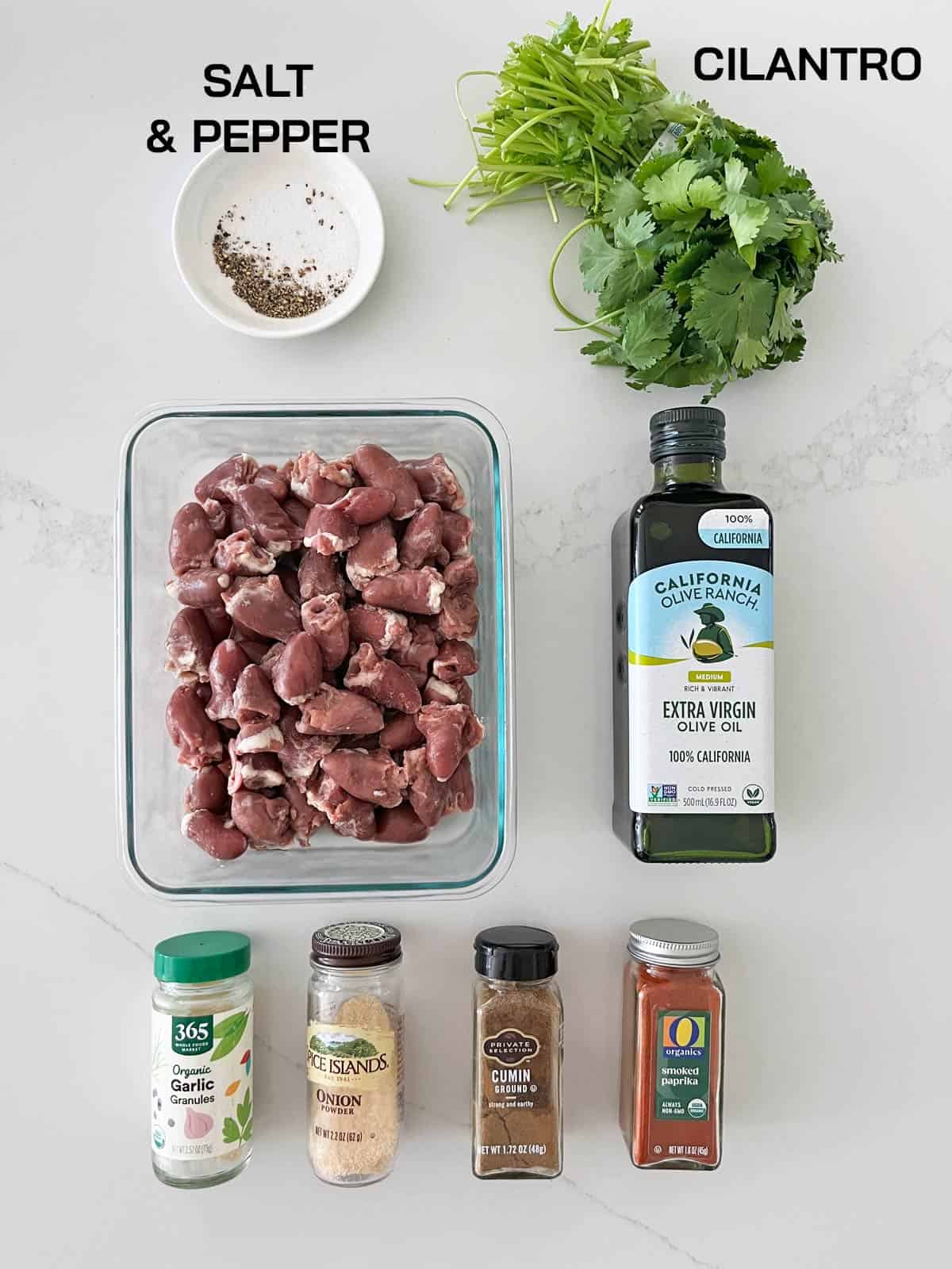 The ingredients needed to cook chicken hearts.
