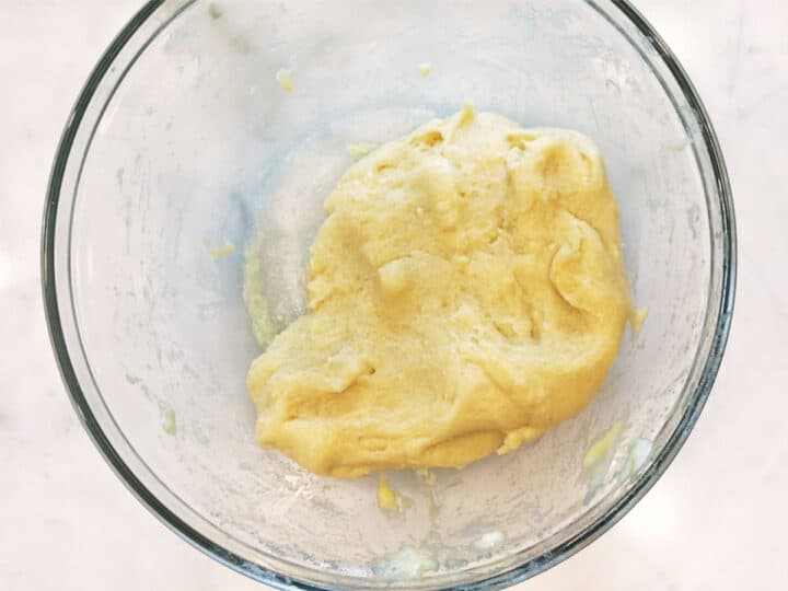 A dough ball in a mixing bowl.