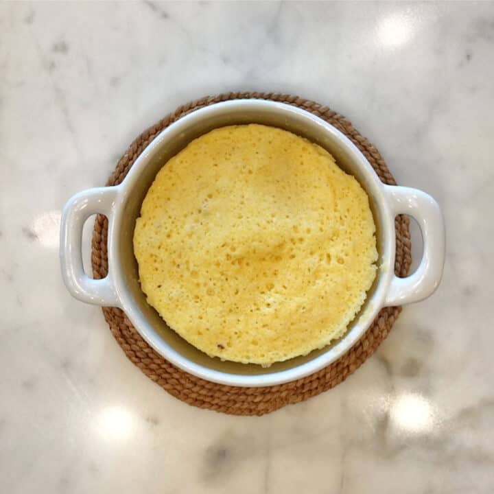 The muffin is ready in the ramekin.