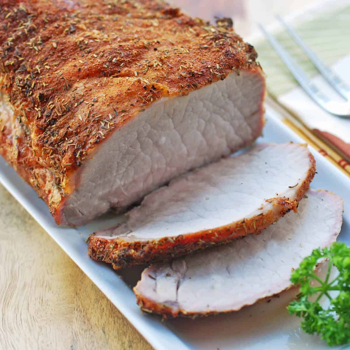 A pork roast made with pork loin.