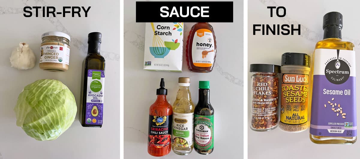 A three-photo collage of the ingredients needed to make a cabbage stir fry (stir fry, sauce, and finishing touches).
