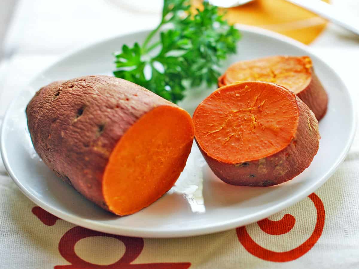 Microwave sweet potato is served with no toppings.