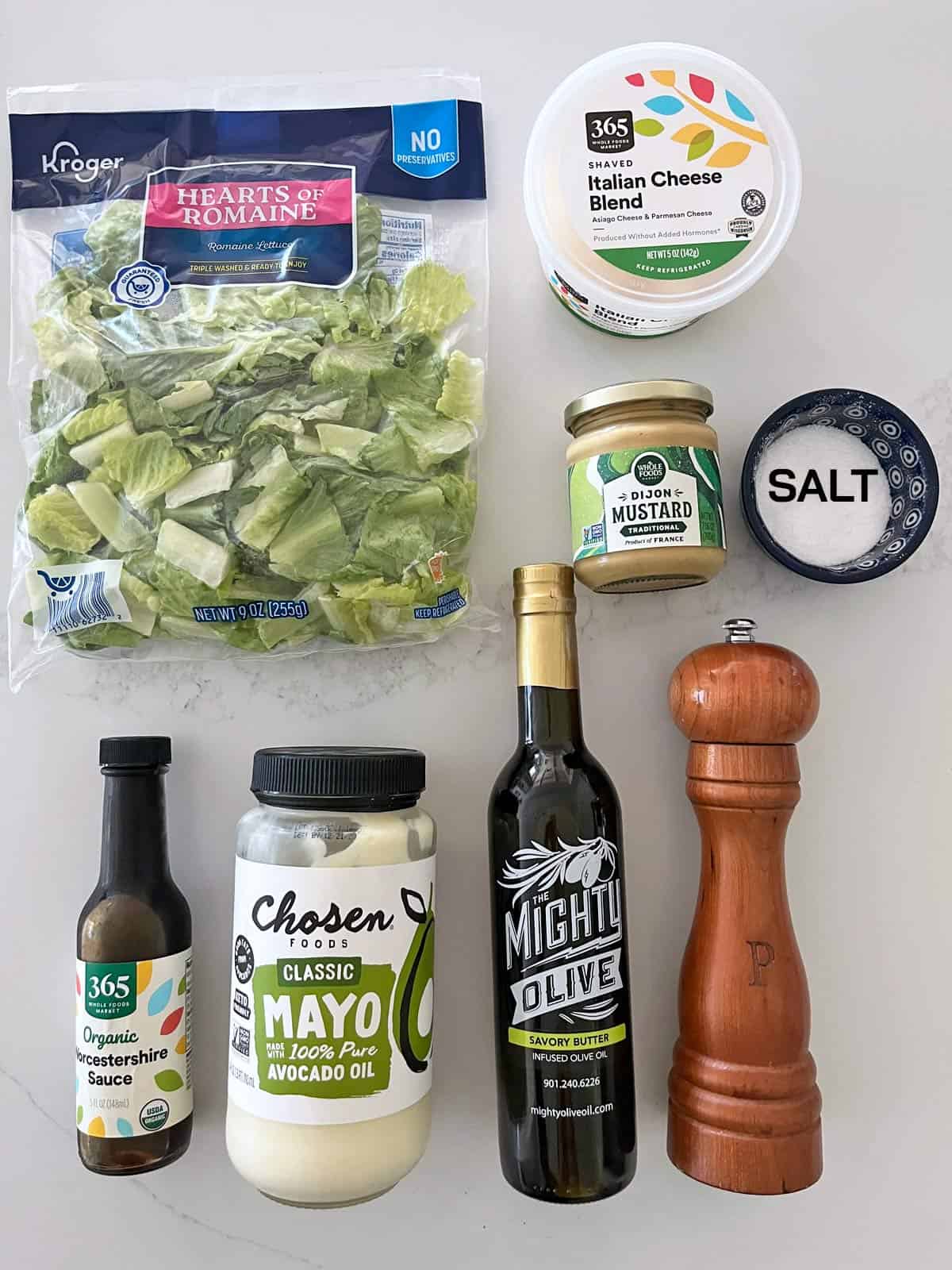 The ingredients needed to make Caesar salad.